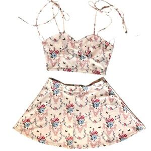 Floral‎ Butterfly Bustier Crop Top and Mini Skirt Two Piece Set Cream Pink Blue